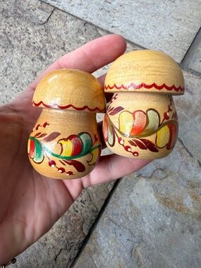 Vintage Pair of Handpainted Wood Salt & Peppers Shakers.